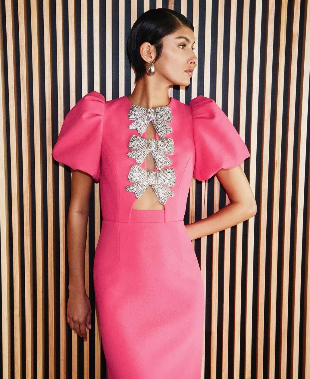 Rebecca Vallance Posey Puff Sleeve Midi Dress Pink size 12 for rent on The Volte - main image