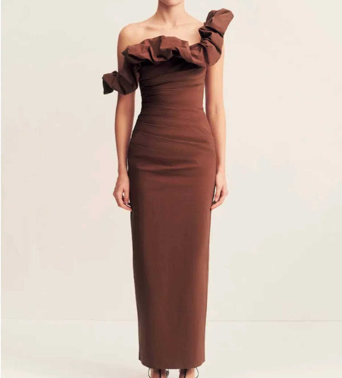 Shona Joy Campbell Ruffle Draped Maxi Dress - Espresso for rent on The Volte - main image