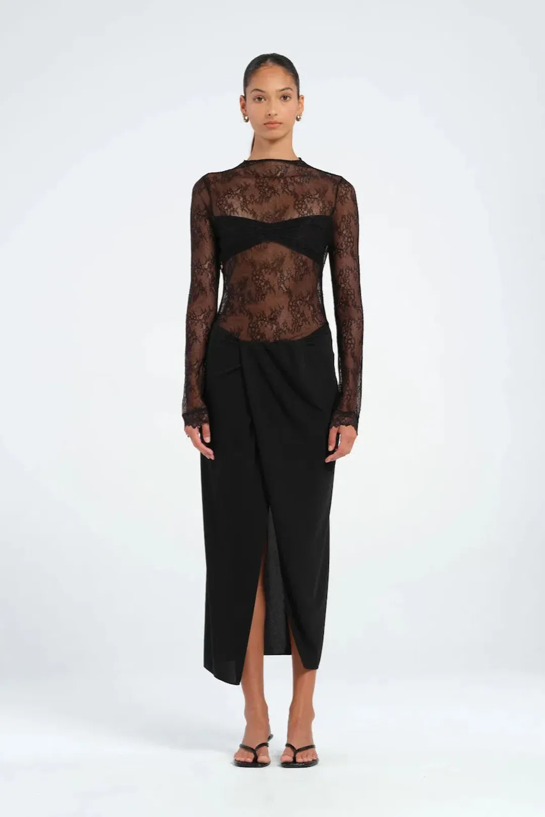 BENNI Colton MIDI Dress In Black Lace | Size AU 10 for rent on The Volte - main image