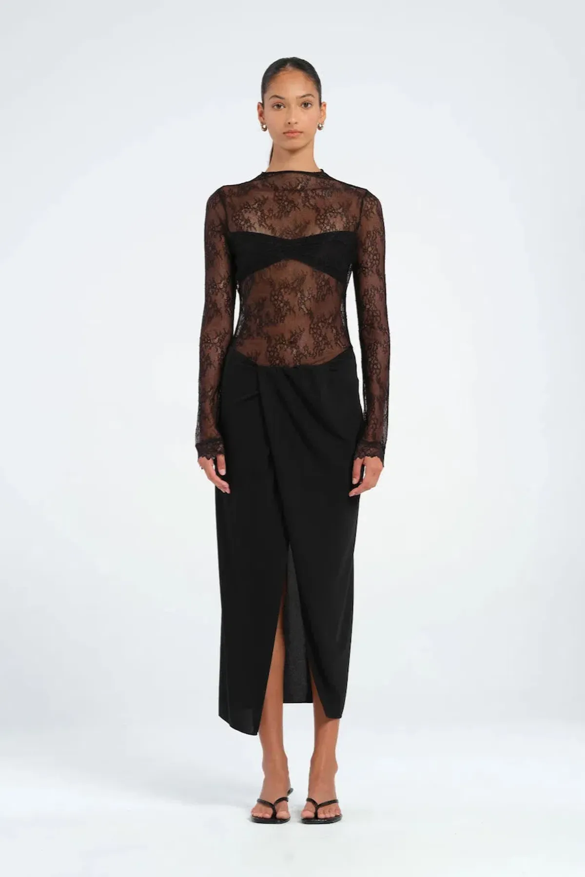 BENNI Colton MIDI Dress In Black Lace | Size AU 10 for rent on The Volte - main image