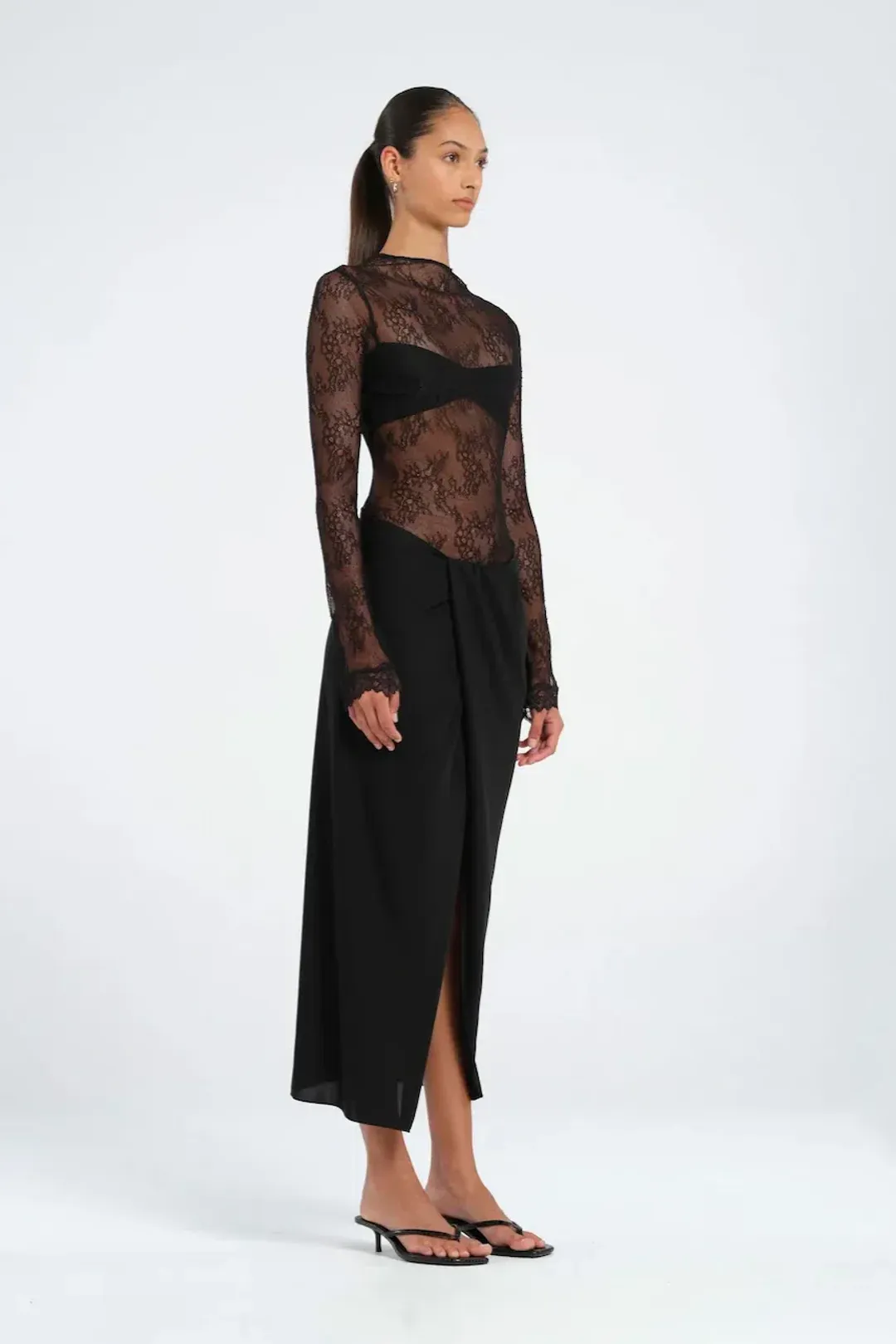 BENNI Colton MIDI Dress In Black Lace | Size AU 10 for rent on The Volte - main image
