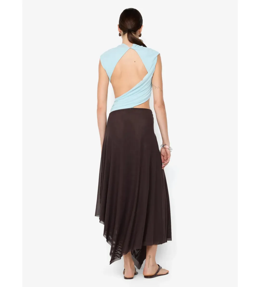 Bec & Bridge Conni Asym Midi Dress in Arctic Blue/ Dark Choc Size AU10 for rent on The Volte - main image