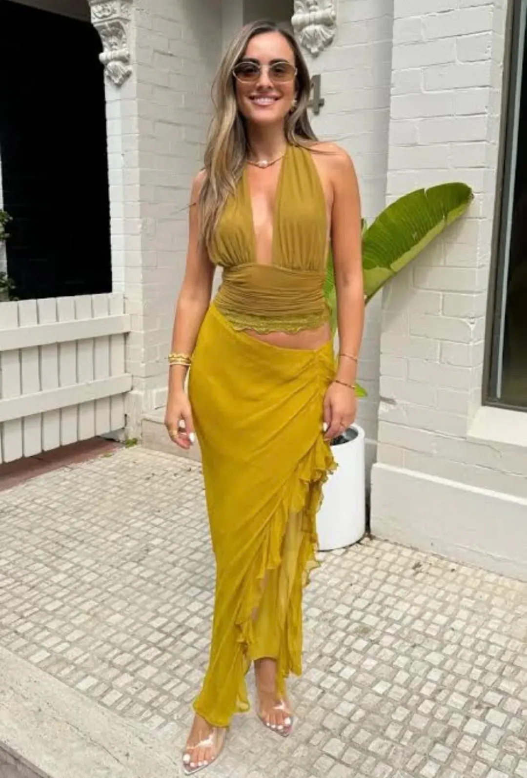 BENNI Penelope Halter Maxi Dress Gown In Wasabi | Size AU 14 for rent on The Volte - main image