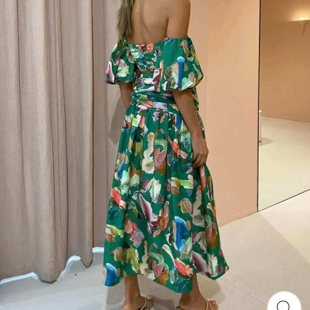 Alemais Arlo Puff Sleeve Crop Top & Midi Skirt Set Green Multi Size 12 for rent on The Volte - main image