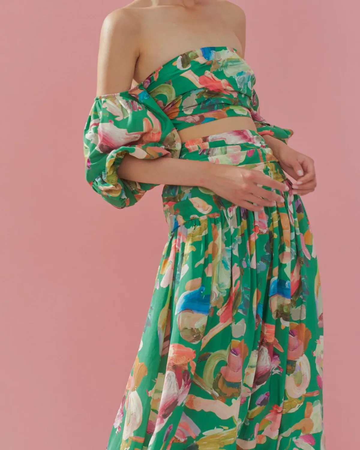 Alemais Arlo Puff Sleeve Crop Top & Midi Skirt Set Green Multi Size 12 for rent on The Volte - main image