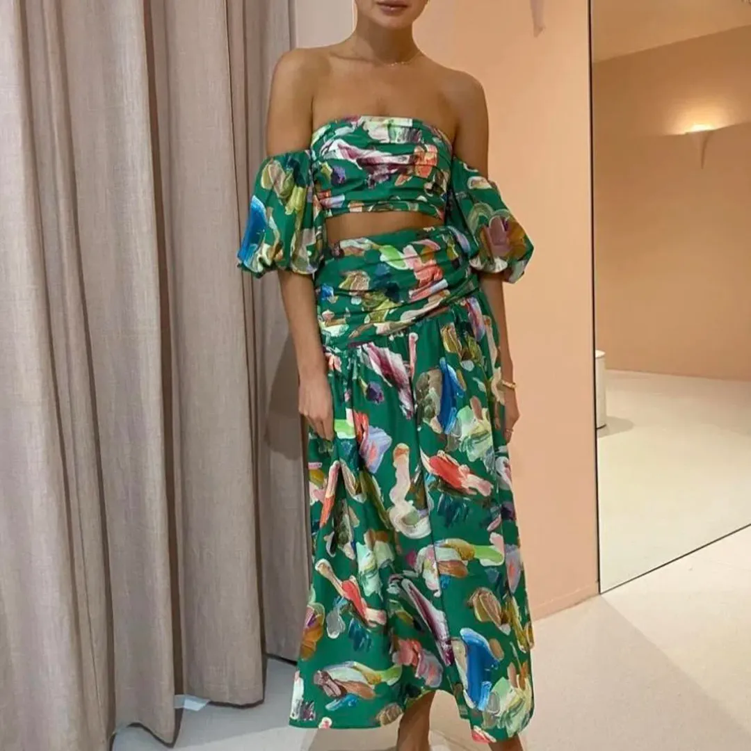 Alemais Arlo Puff Sleeve Crop Top & Midi Skirt Set Green Multi Size 12 for rent on The Volte - main image