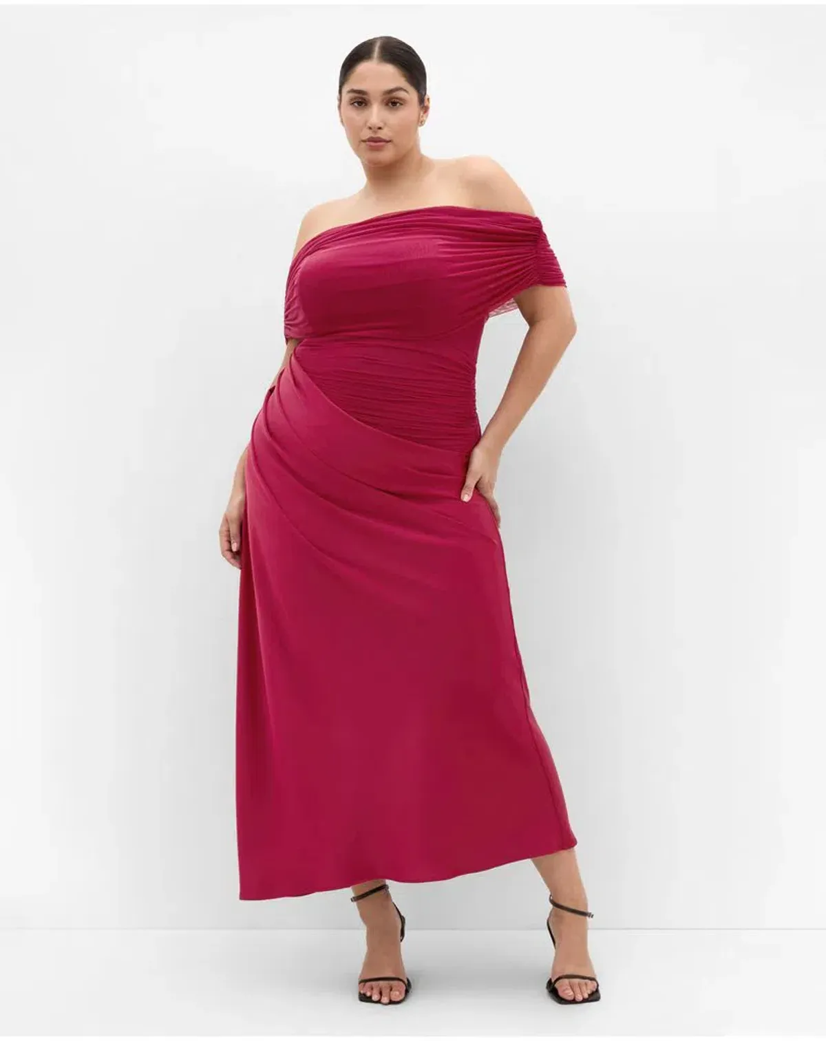 City Chic Tati Off Shoulder Maxi Dress size 20 Raspberry  for rent on The Volte - main image