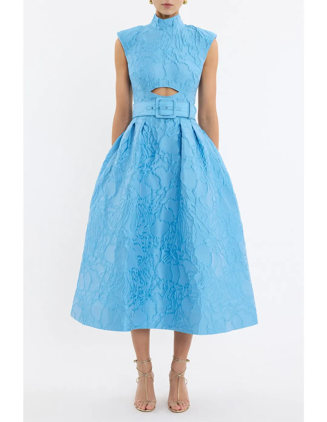 Rebecca Valance Aegir belted jacquard midi dress for rent on The Volte - main image