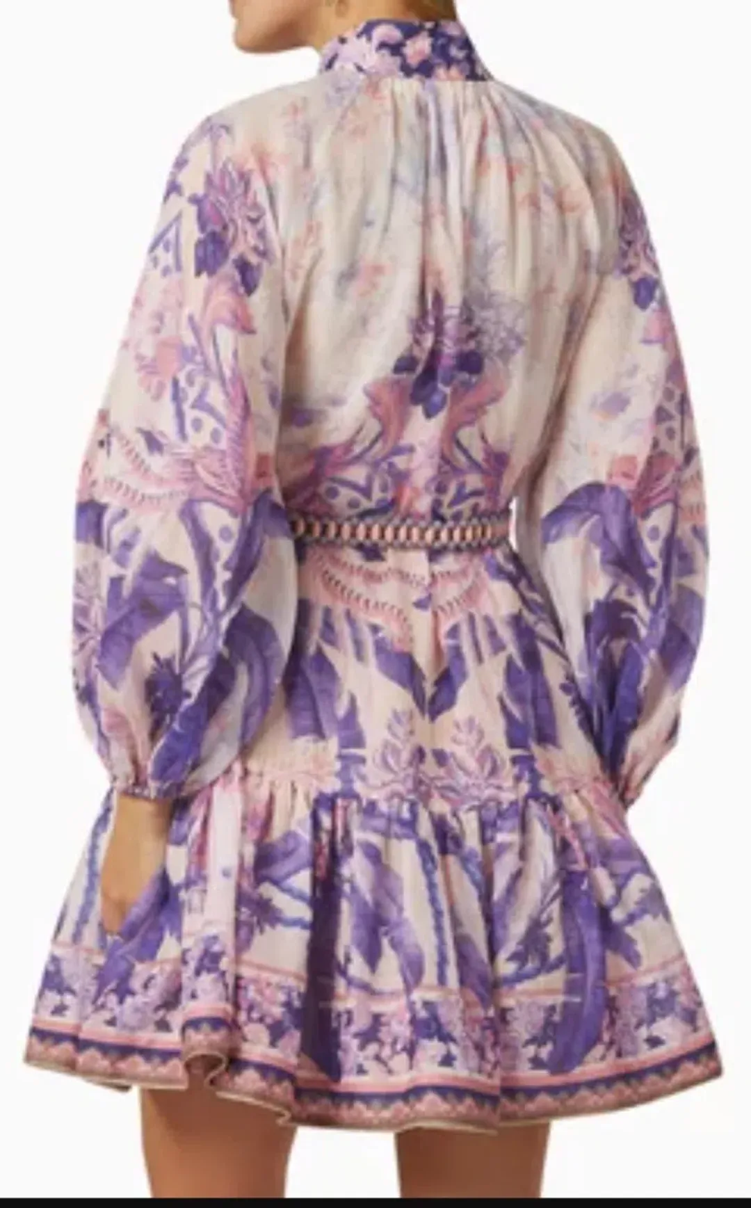 Zimmermann The Lyre Billow Mini Dress in Purple Palm Size 0 AU 8 for rent on The Volte - main image