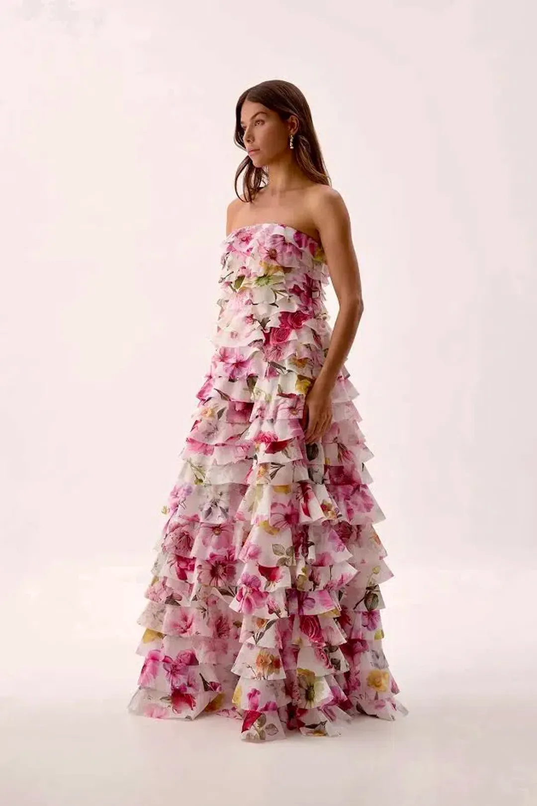 🌸 AJE Fleur Pleated Ruffle Gown – Collage Floral Pink Maxi Dress – Size 10 AU 🌸 for rent on The Volte - main image