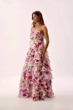 🌸 AJE Fleur Pleated Ruffle Gown – Collage Floral Pink Maxi Dress – Size 10 AU 🌸 for rent on The Volte - image 2