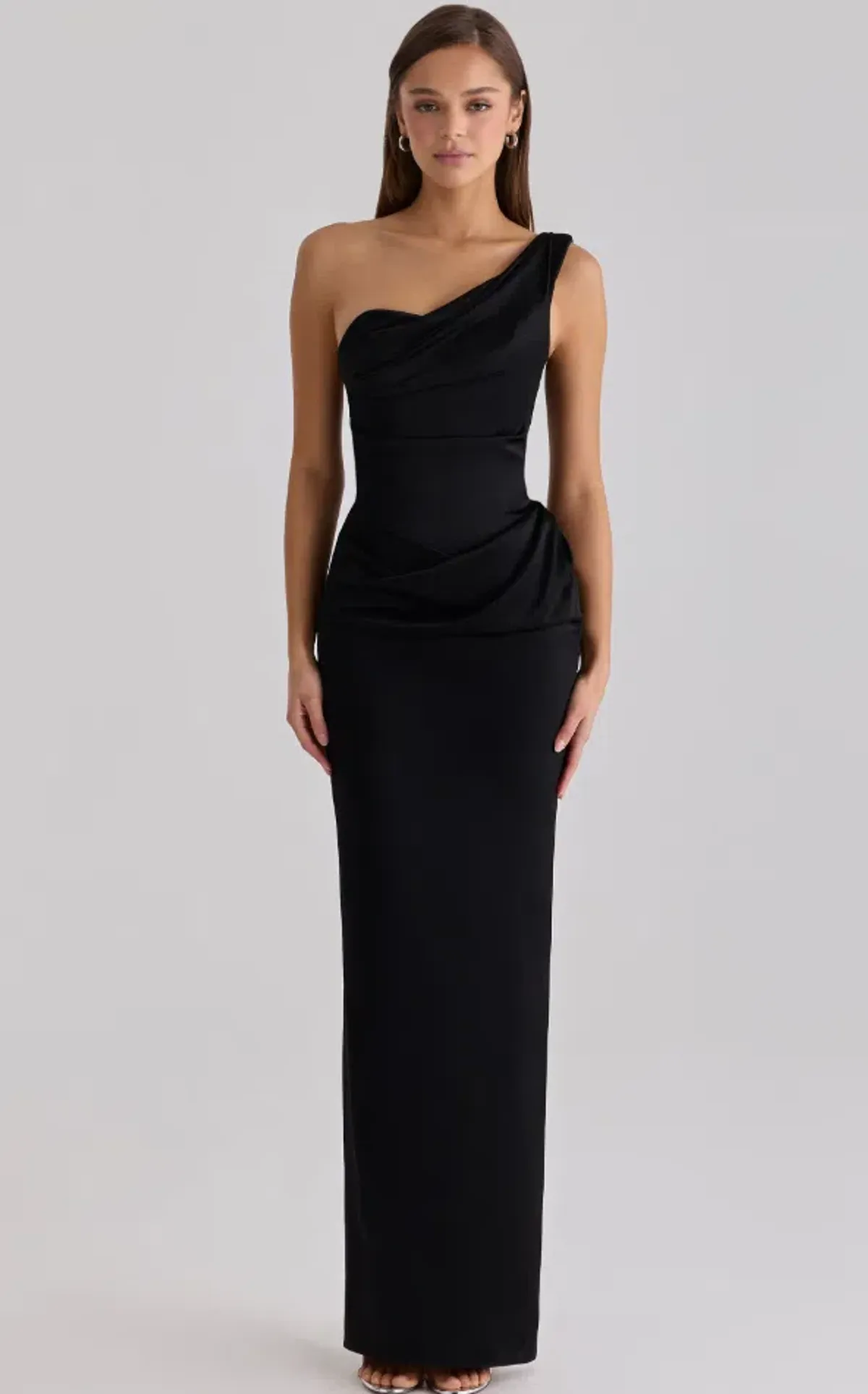 House of CB Caprice black satin one shoulder maxi dress Size XS for rent on The Volte - main image