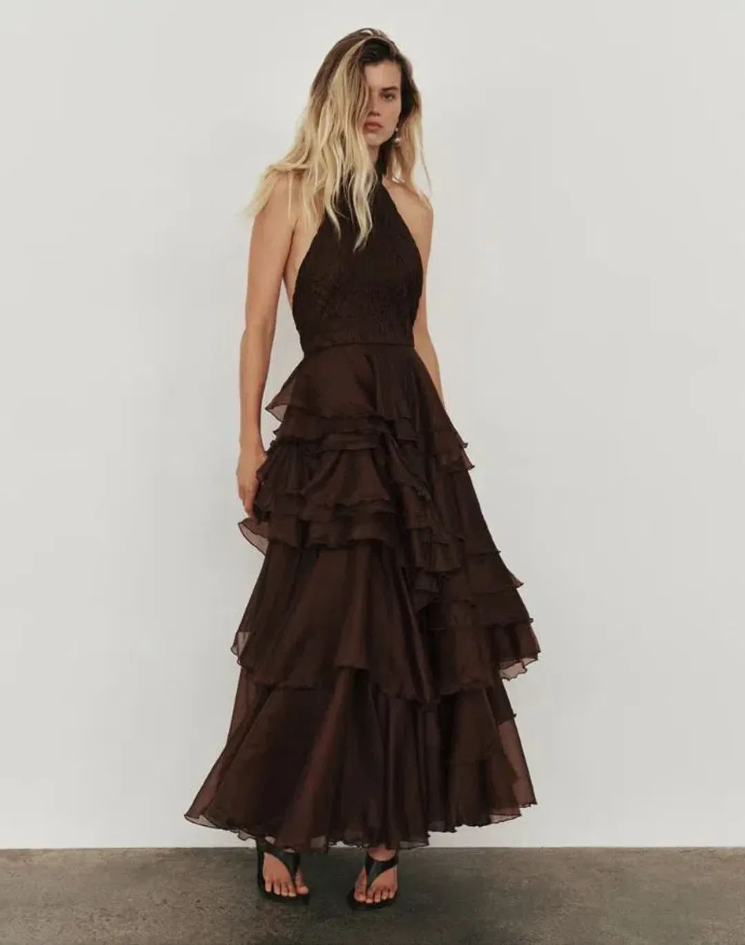 Aje Fayette Gown in Dark Chocolate Size 8 for rent on The Volte - main image