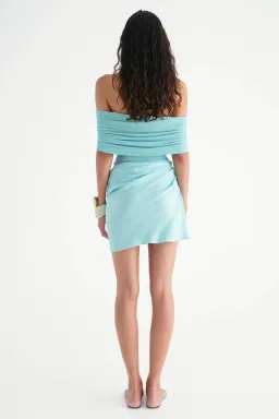 BENNI NICO OFF SHOULDER MINI DRESS IN AQUAMARINE SIZE 10 for rent on The Volte - image 1