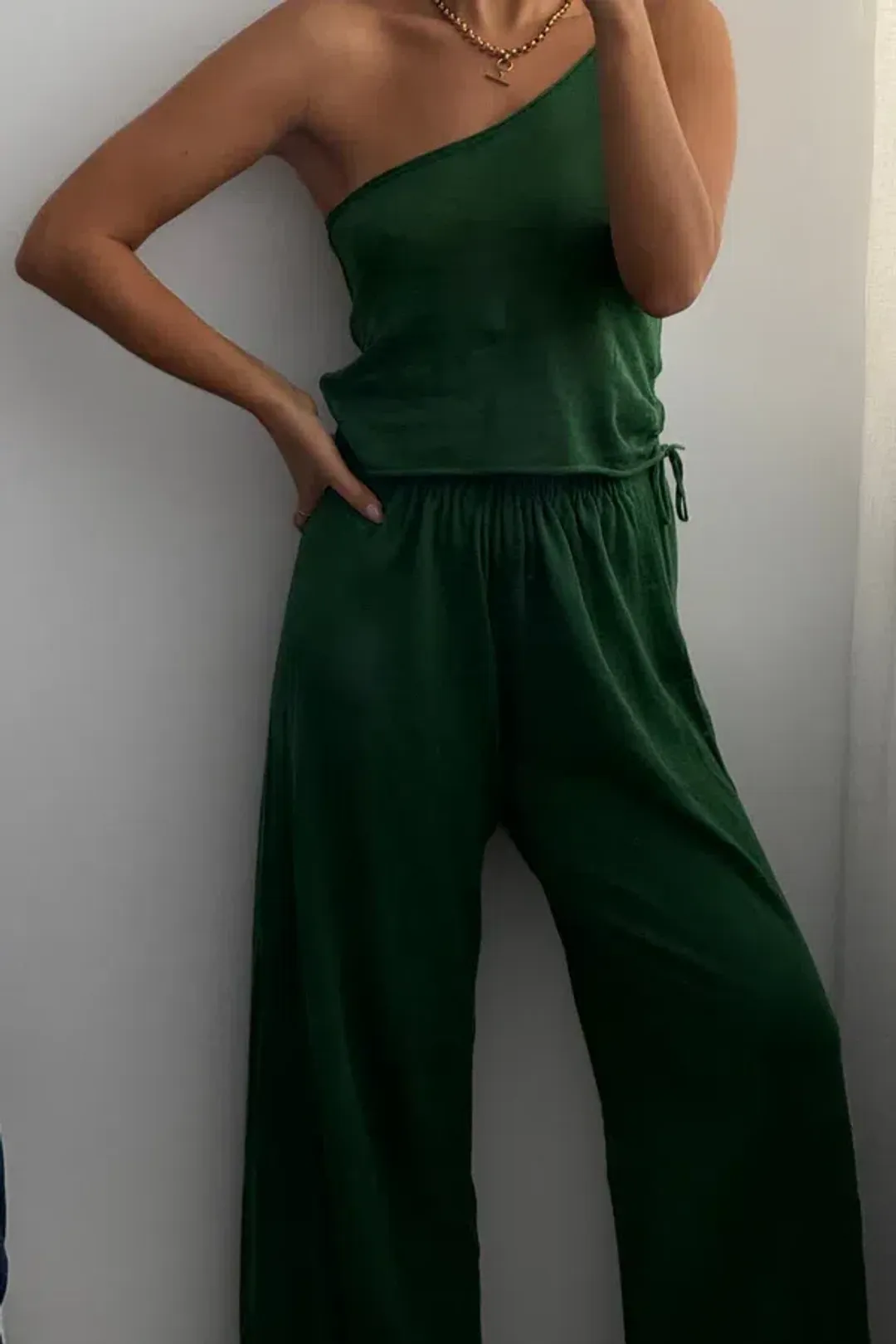 RIB HEMP JERSEY SKIRT & ONE SHOULDER TOP - TALLOW GREEN for rent on The Volte - main image