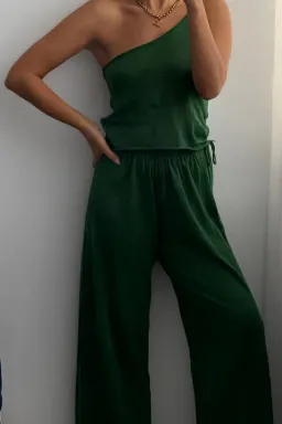 RIB HEMP JERSEY SKIRT & ONE SHOULDER TOP - TALLOW GREEN for rent on The Volte - image 1