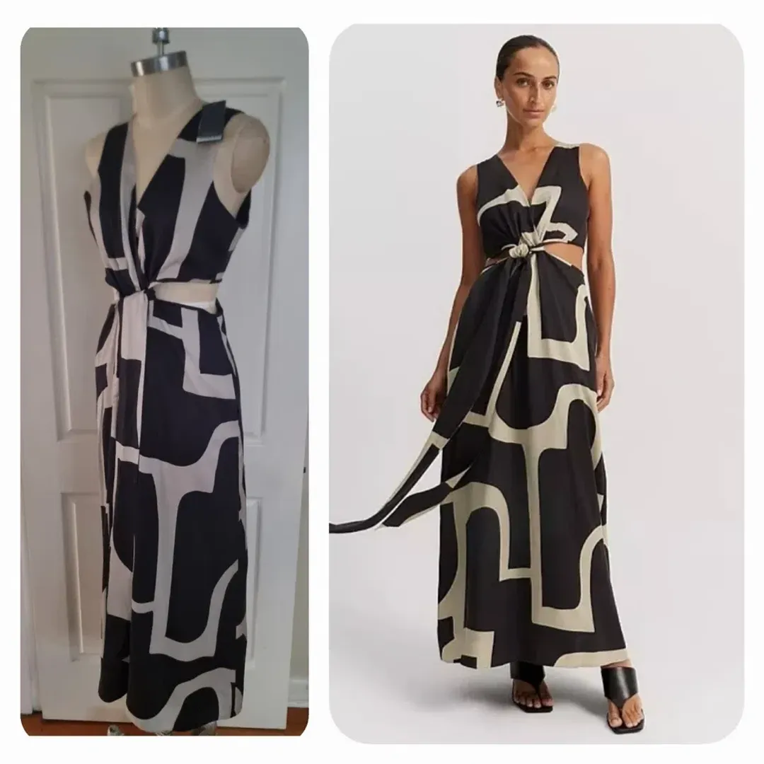 COUNTRY ROAD Print Column Maxi Dress in Stone Geo Print Size 12 - - Black & Stone Golden Brown for rent on The Volte - main image