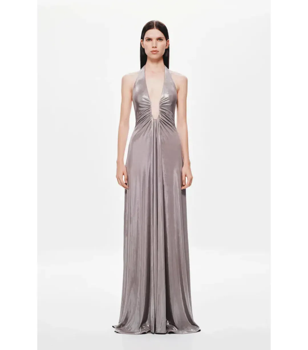 MISHA Jennifer Cupro Maxi Dress in Foil Jersey Cinder | Size 10 for rent on The Volte - main image