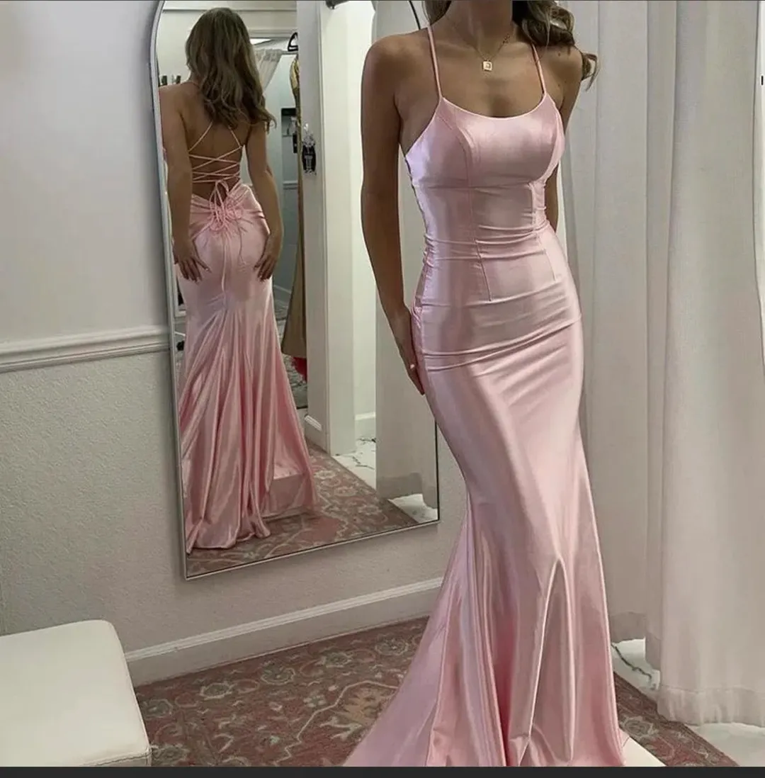 anniebridal Cute Mermaid Scoop Neck Pink Satin Long Prom Dress formal dress Size 6 for rent on The Volte - main image