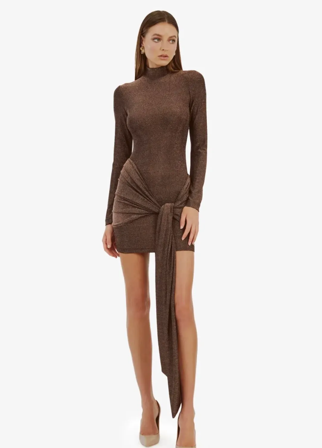 Bardot Seraphina Brown Sparkle Tie Front Mini Dress Size 12 for rent on The Volte - main image