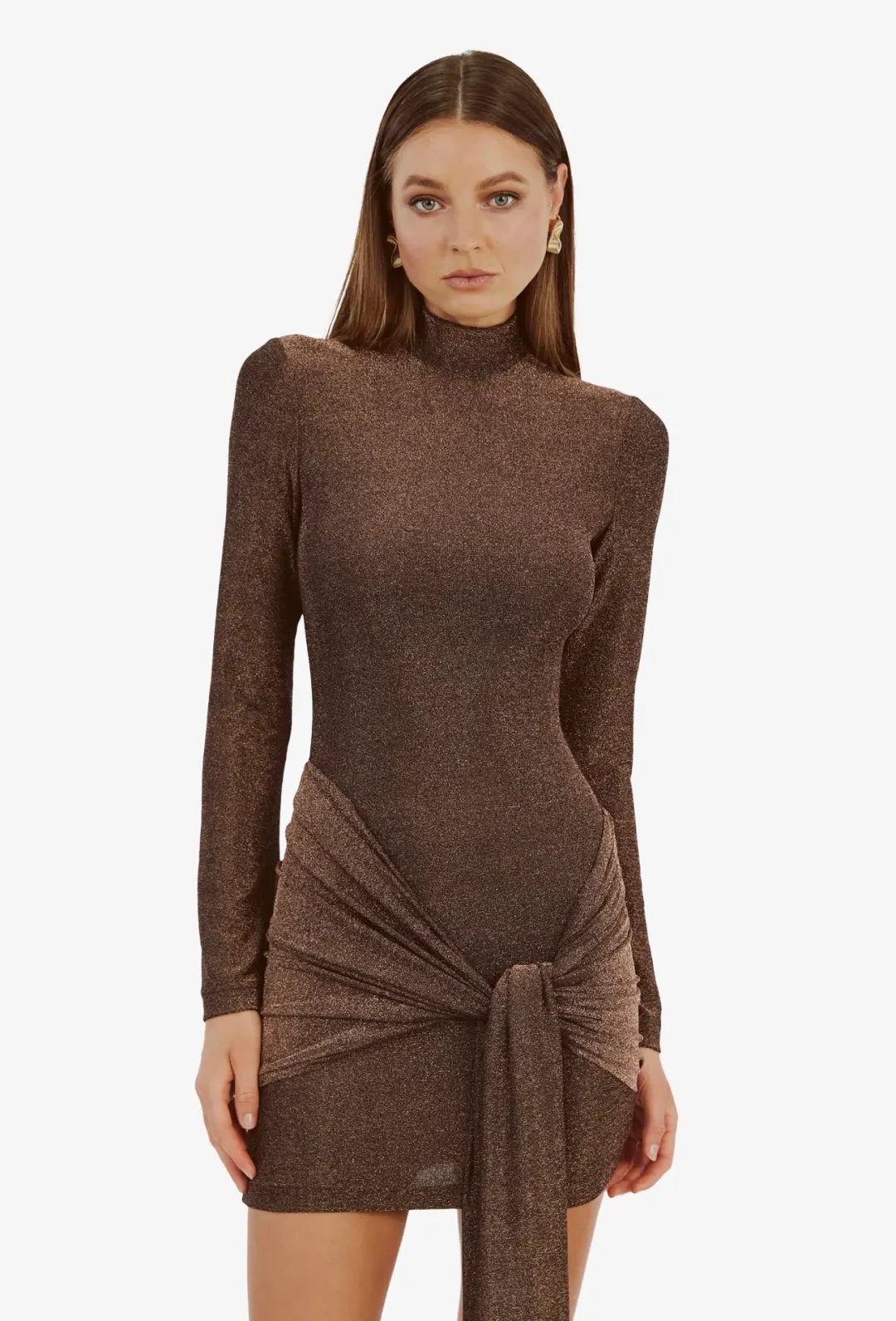 Bardot Seraphina Brown Sparkle Tie Front Mini Dress Size 12 for rent on The Volte - main image