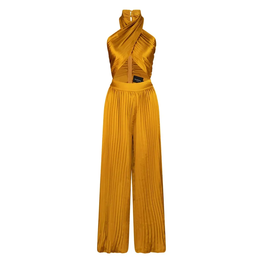 Karna Ramsay Stella Jumpsuit Yellow Gold Size M (AU 10) for rent on The Volte - main image