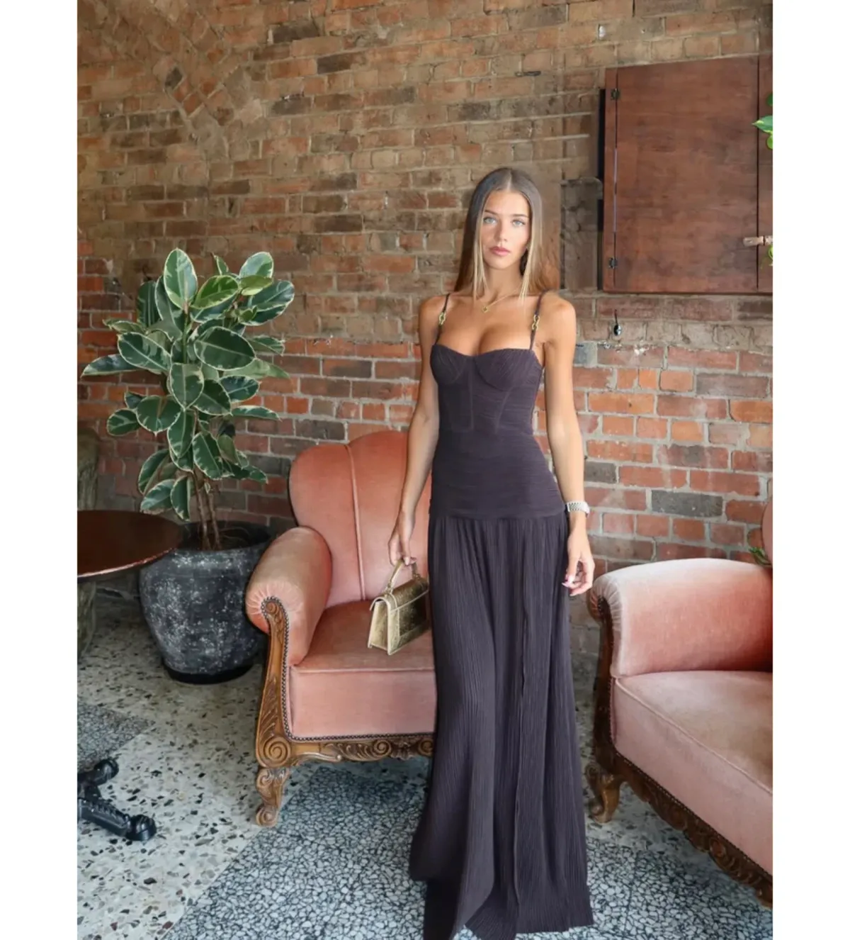 Manning Cartell Double Time Pleat Dress in Dark Chocolate Size AU12 for rent on The Volte - main image