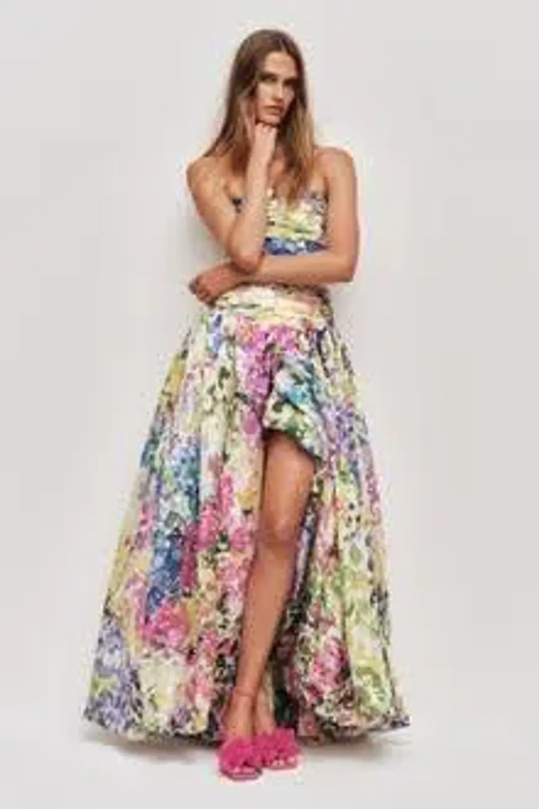 AJE Strapless Dahlia Gown in Lavandula - Size 14 AU - Colourful Floral Print Maxi Dress for rent on The Volte - main image