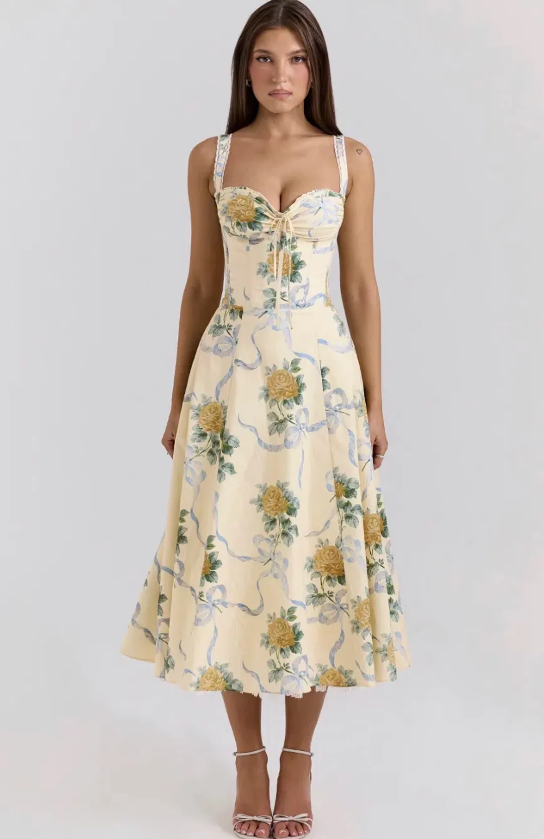 House of CB ROSALEE Lemon Vintage Ribbon Print Cotton Midi Dress Size S for rent on The Volte - main image