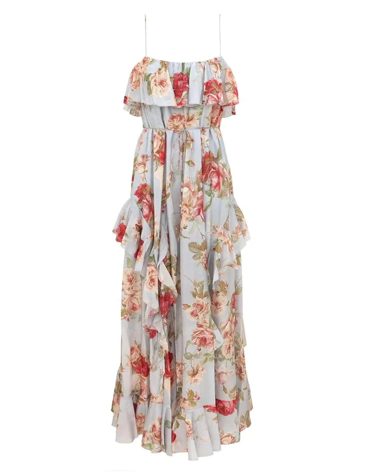 Zimmermann Roselight Frill Maxi Dress Blue Rose Floral Size 1 for rent on The Volte - main image