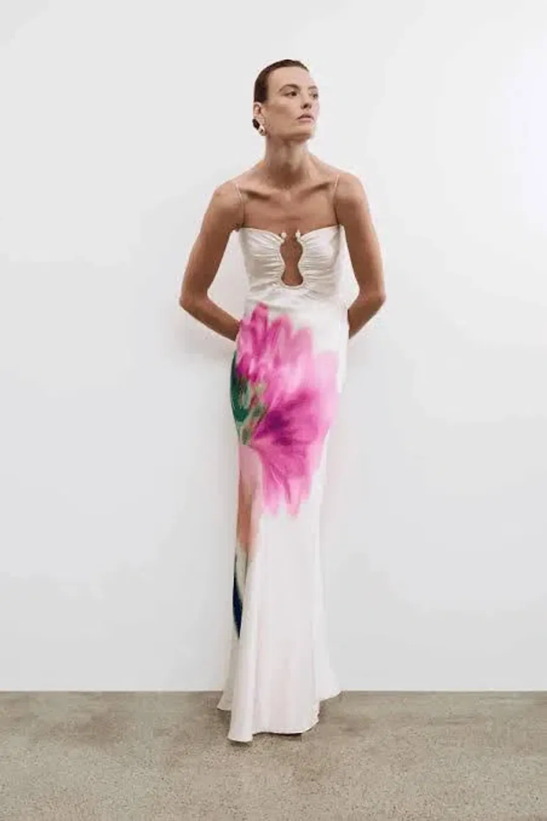 🌸 Rebecca Vallance Dahlia Blossom Gown – Size 12 (AU) Pink Floral Satin Maxi Dress 🌸 for rent on The Volte - main image