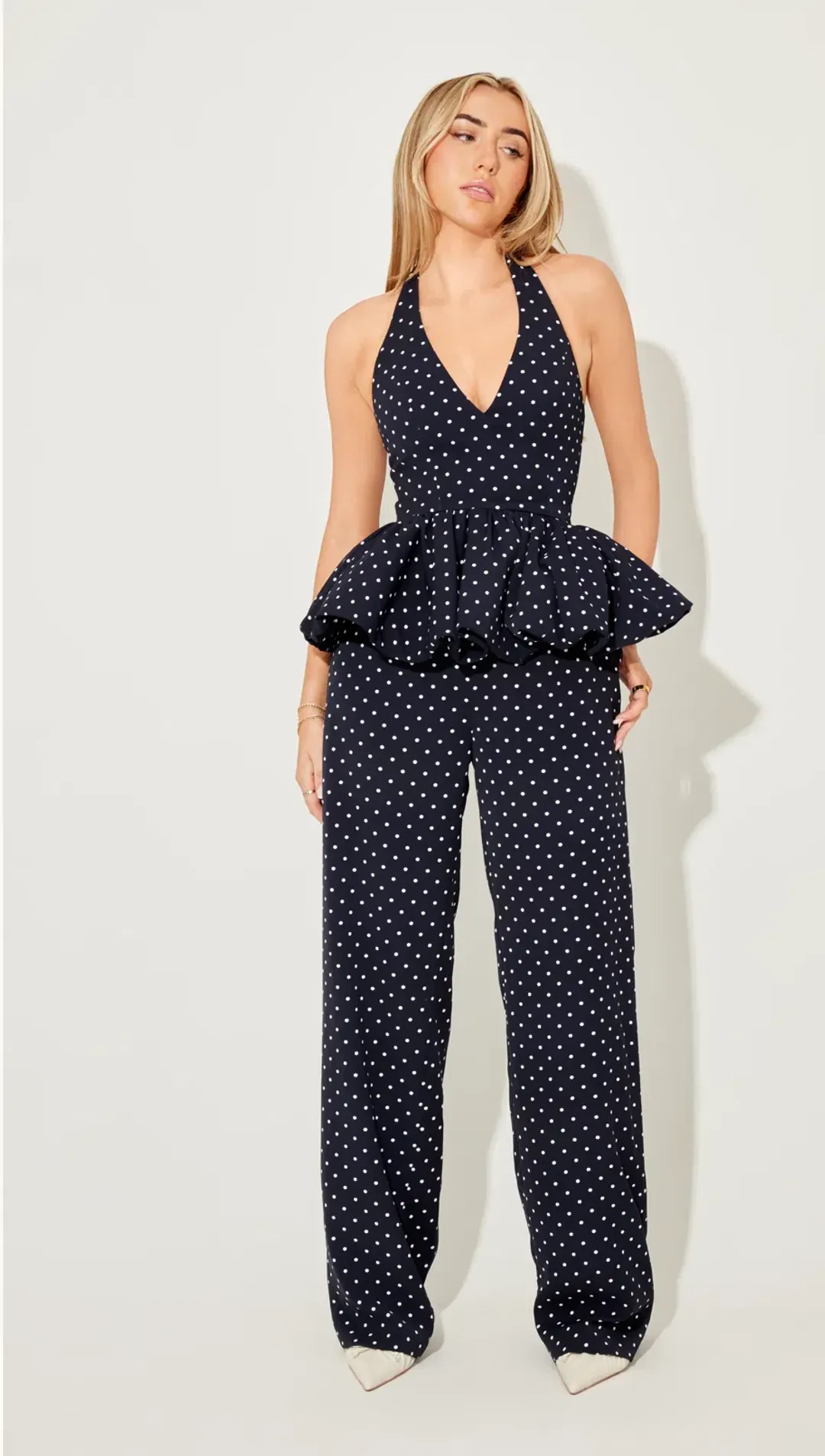 Polka Dot Peplum Top and Polka Dot Wide leg pant set - Odd Muse London for rent on The Volte - main image