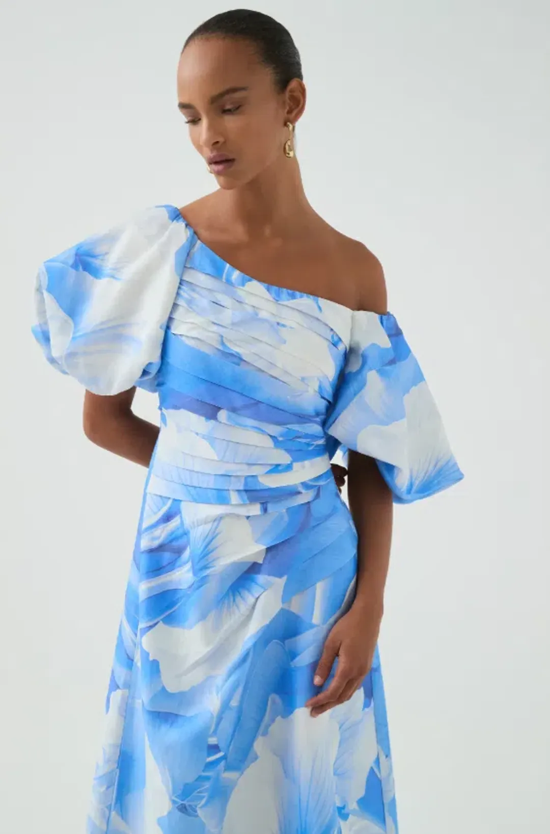Aje Cadence Ruched Midi Dress – Floral Blue sz 8 for rent on The Volte - main image