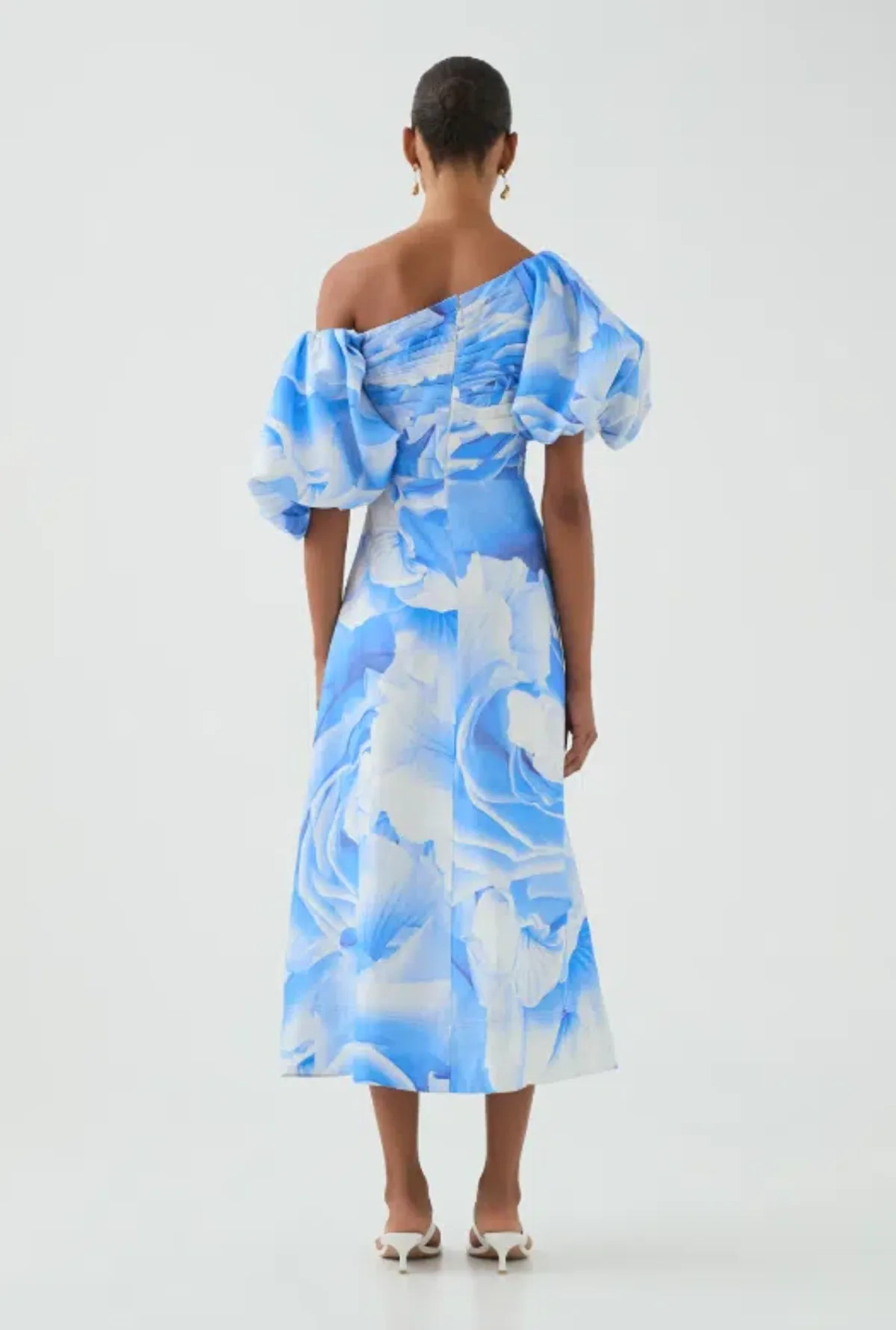 Aje Cadence Ruched Midi Dress – Floral Blue sz 8 for rent on The Volte - main image