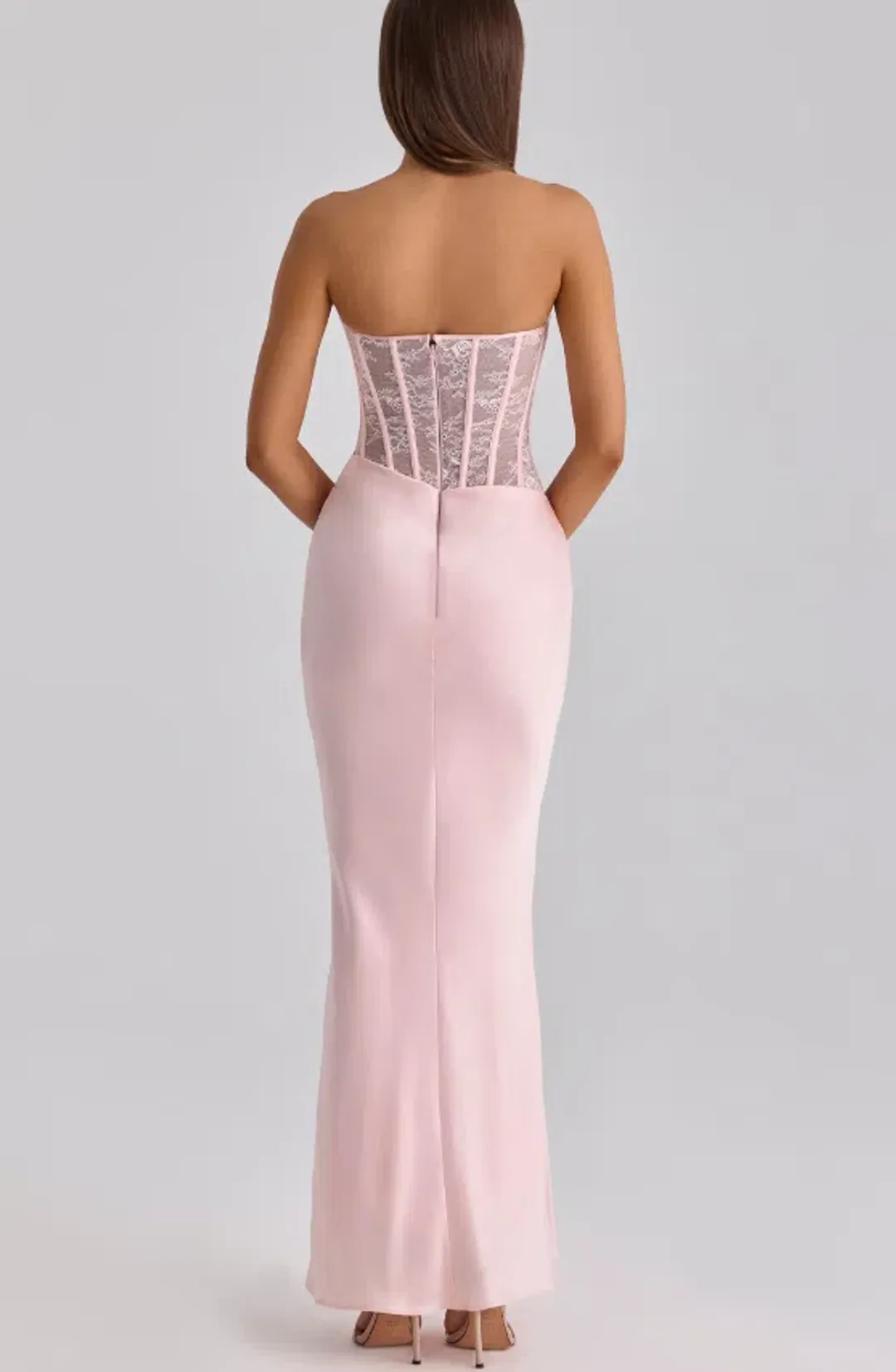 House of CB Ayana pink lace + satin maxi corset dress Regular Cup Size S for rent on The Volte - main image
