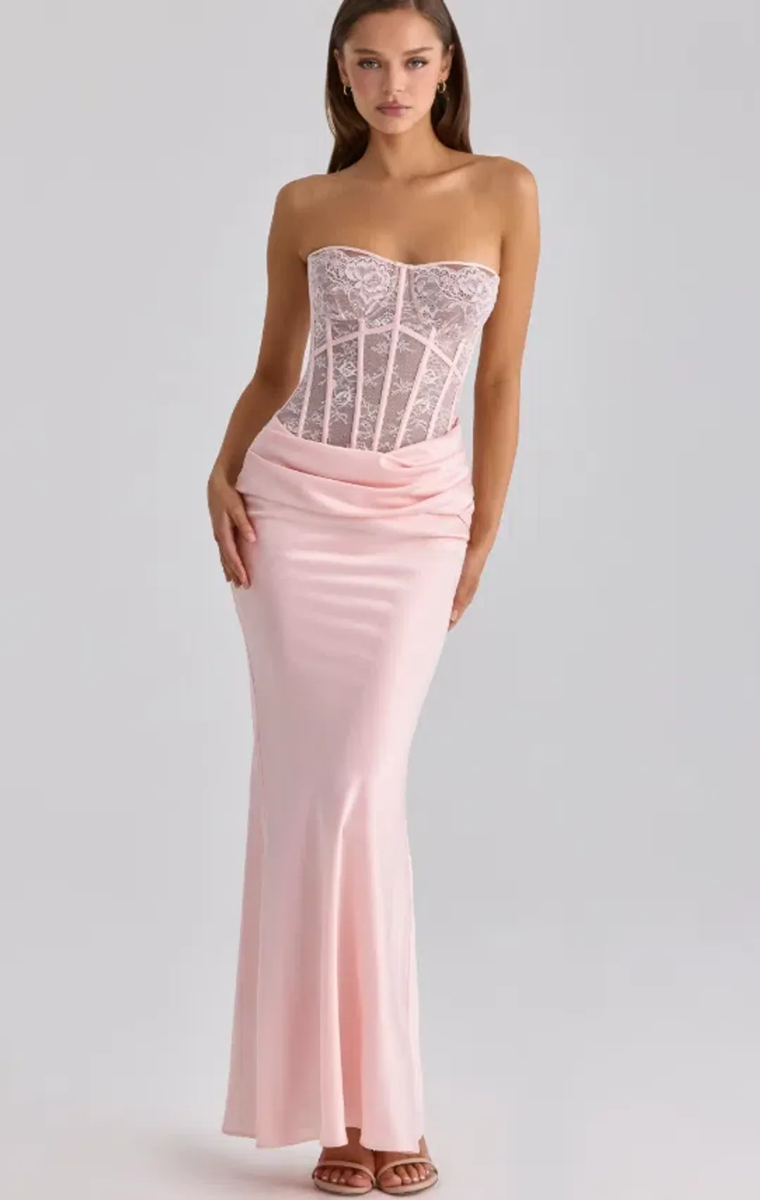 House of CB Ayana pink lace + satin maxi corset dress Regular Cup Size L for rent on The Volte - main image