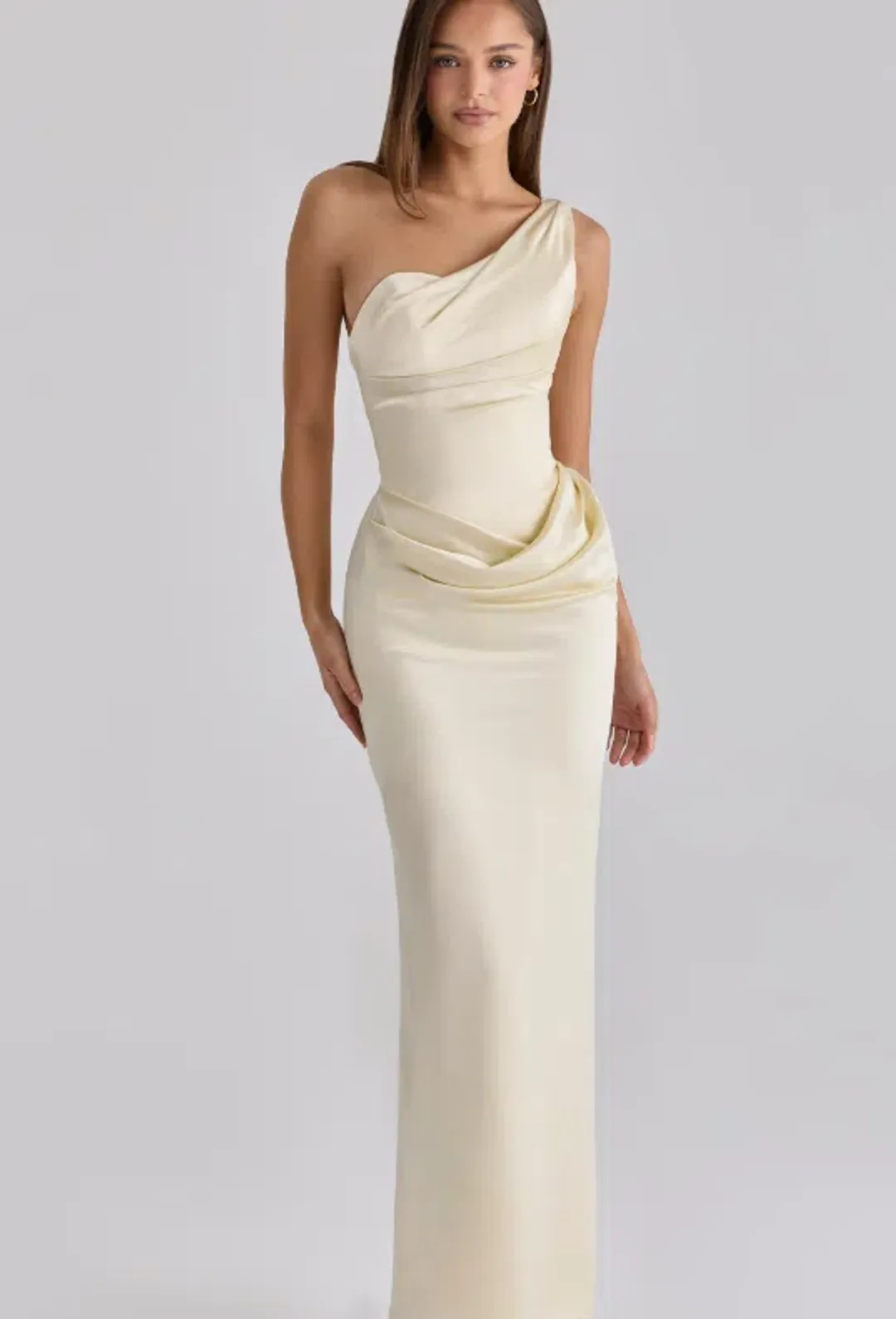 House of CB Caprice lemon one shoulder satin maxi dress Size S for rent on The Volte - main image