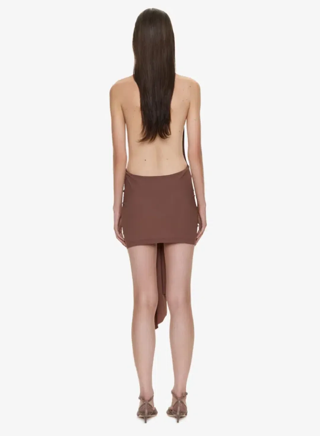 Christopher Esber Pierced Orbit Halter Drape Mini Dress husk brown Size 6 for rent on The Volte - main image