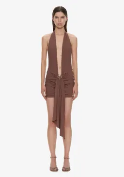 Christopher Esber Pierced Orbit Halter Drape Mini Dress husk brown Size 8 for rent on The Volte - image 1