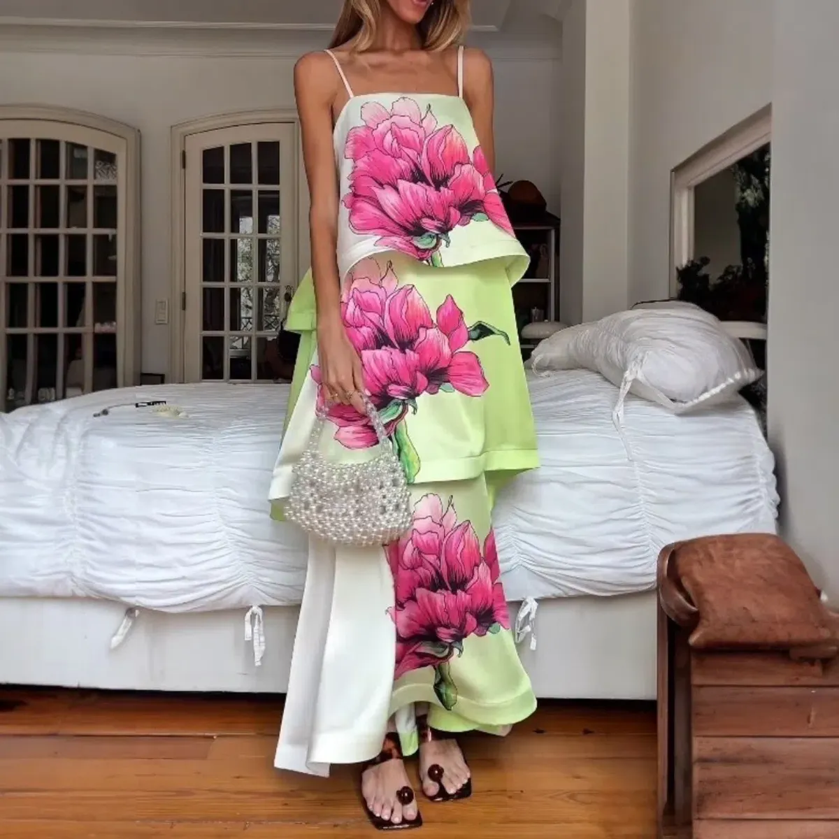 Elliatt Elisia Tiered Gown in Green & Pink Floral Small for rent on The Volte - main image