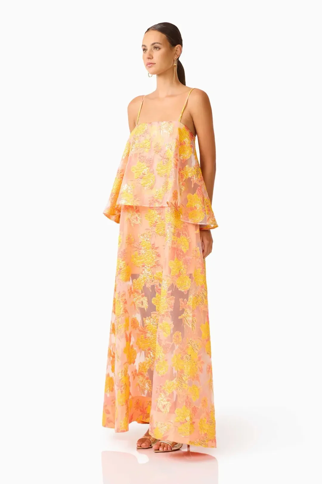 Elysia Tiered Gown in Orange Floral for rent on The Volte - main image