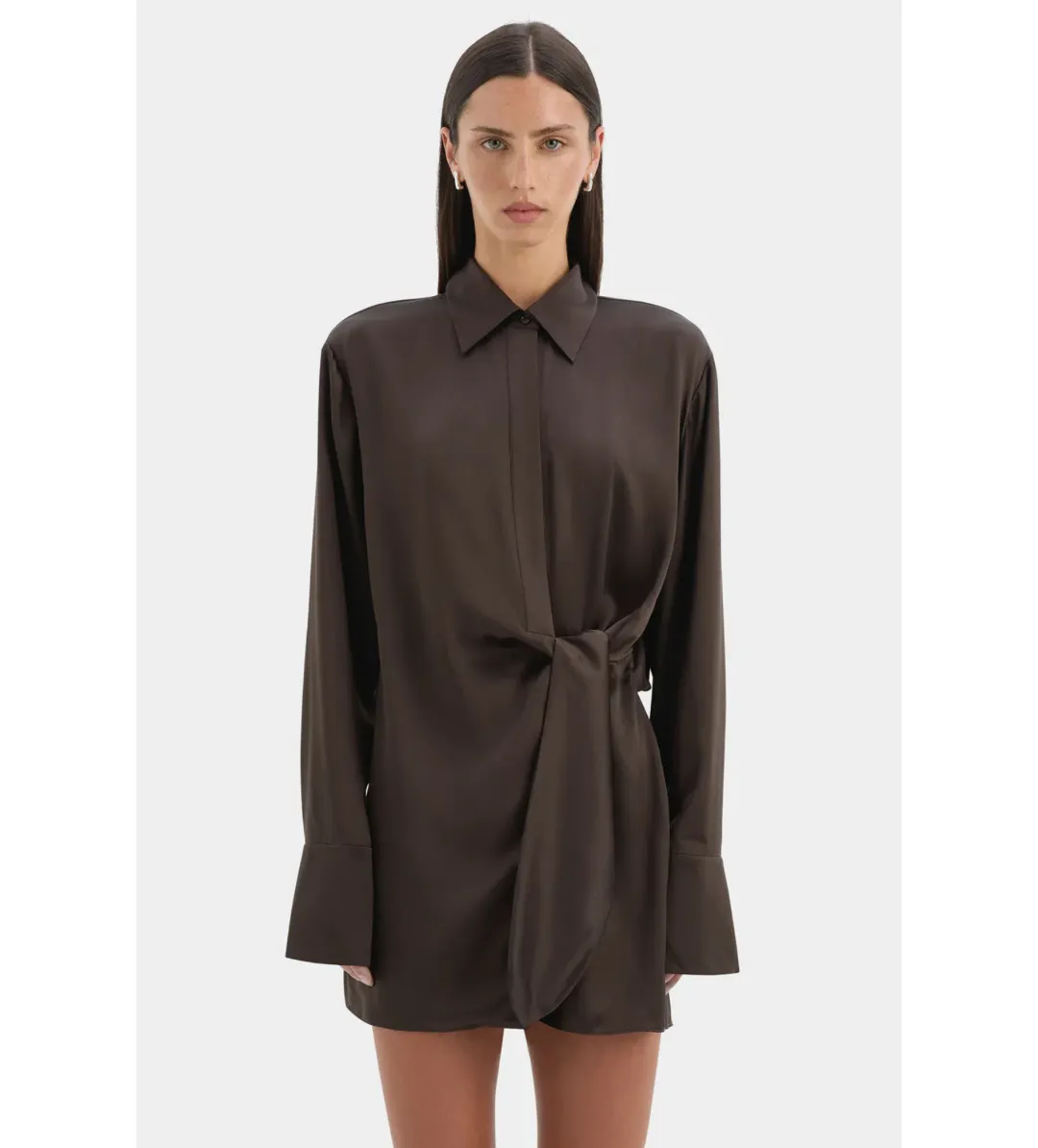 Sir the Label Sorrento Mini Shirt Dress in Bitter Chocolate Size 2 / AU 10 for rent on The Volte - main image