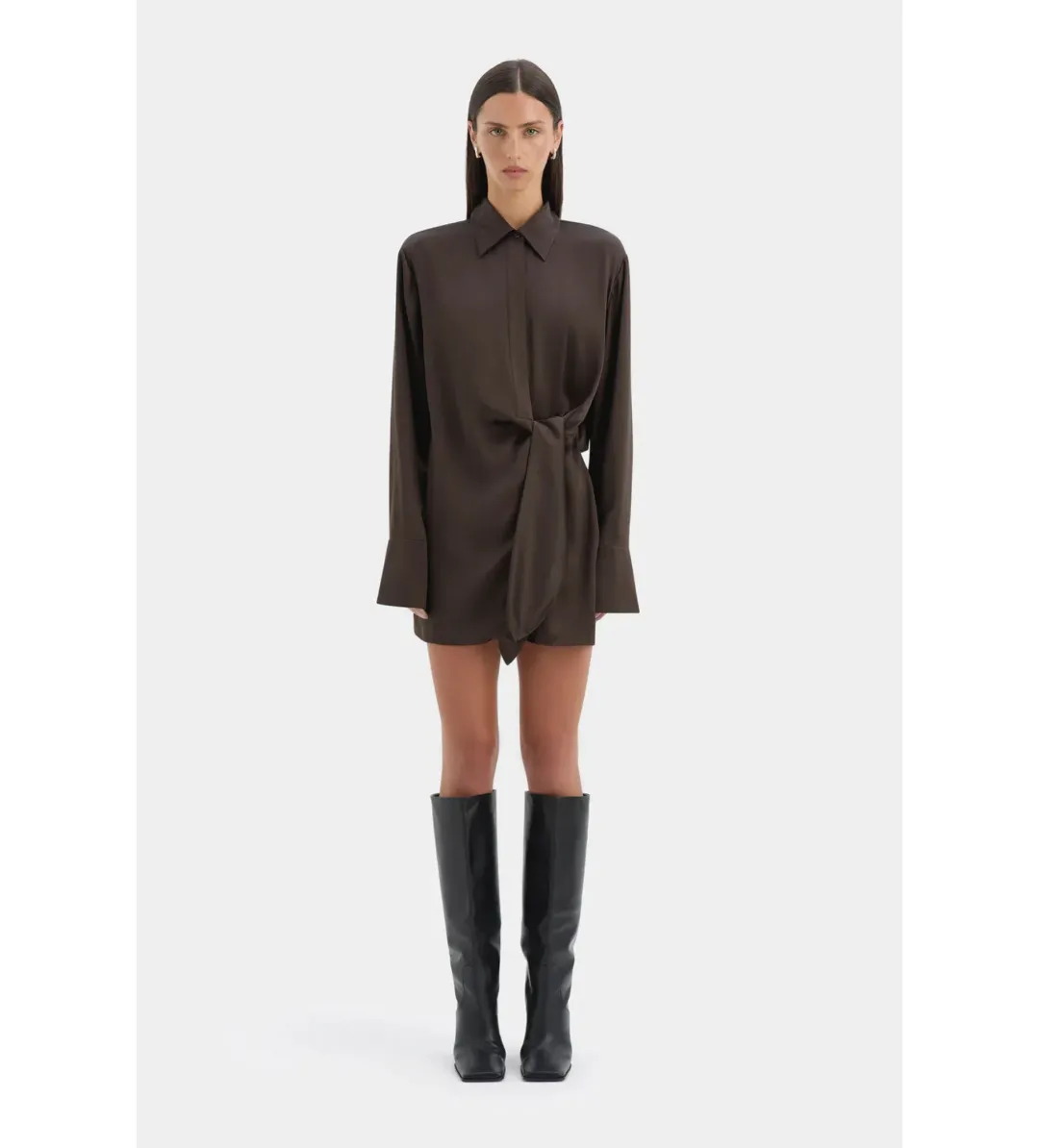 Sir the Label Sorrento Mini Shirt Dress in Bitter Chocolate Size 2 / AU 10 for rent on The Volte - main image