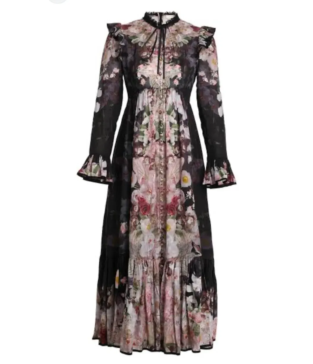 ZIMMERMANN DANCER TIE NECK MIDI DRESS BLACK GARDEN FLORAL SIZE 0 for rent on The Volte - main image