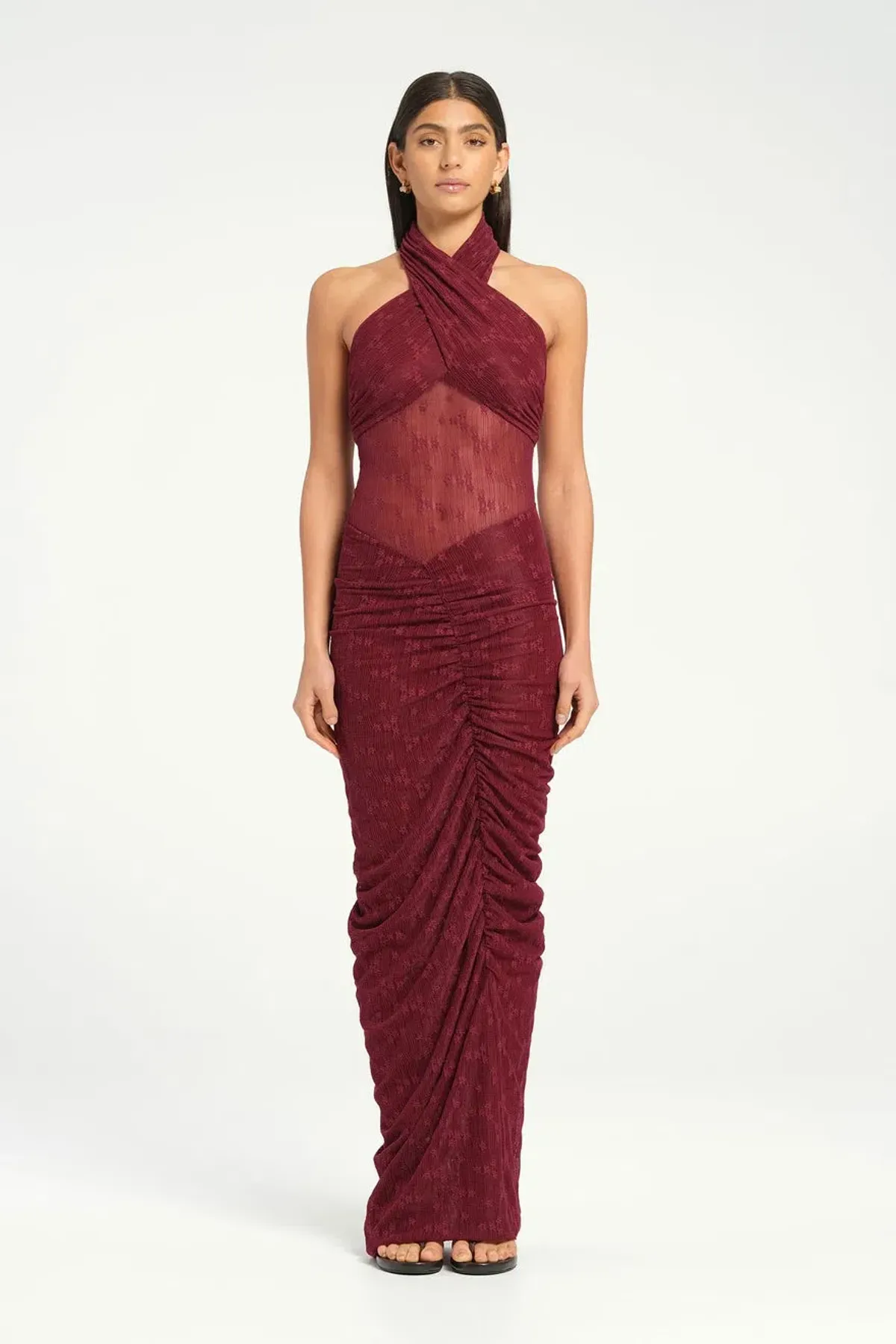 BENNI Hudson Lace Maxi Dress In Burgundy Sangria | Size AU 14 for rent on The Volte - main image