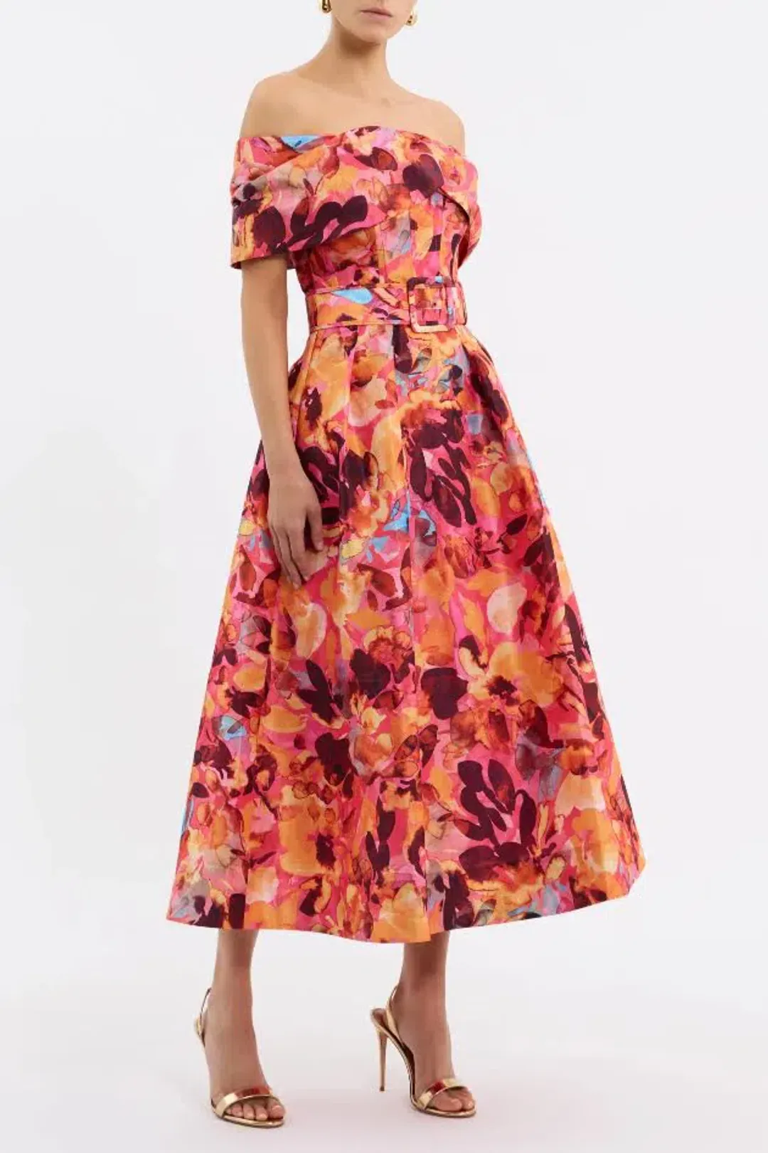 🌹Rebecca Vallance Gardenia Midi Dress – Size 8 AU - Orange Red Floral Off Shoulder Outfit🌹 for rent on The Volte - main image