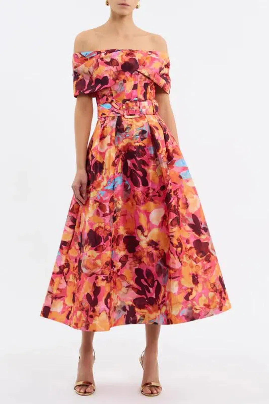 🌹Rebecca Vallance Gardenia Midi Dress – Size 8 AU - Orange Red Floral Off Shoulder Outfit🌹 for rent on The Volte - main image