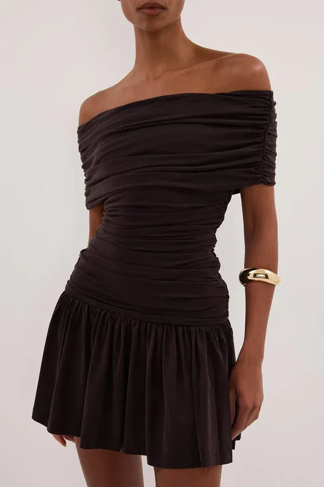 Dishh, burnt choc off shoulder mini dress for rent on The Volte - main image