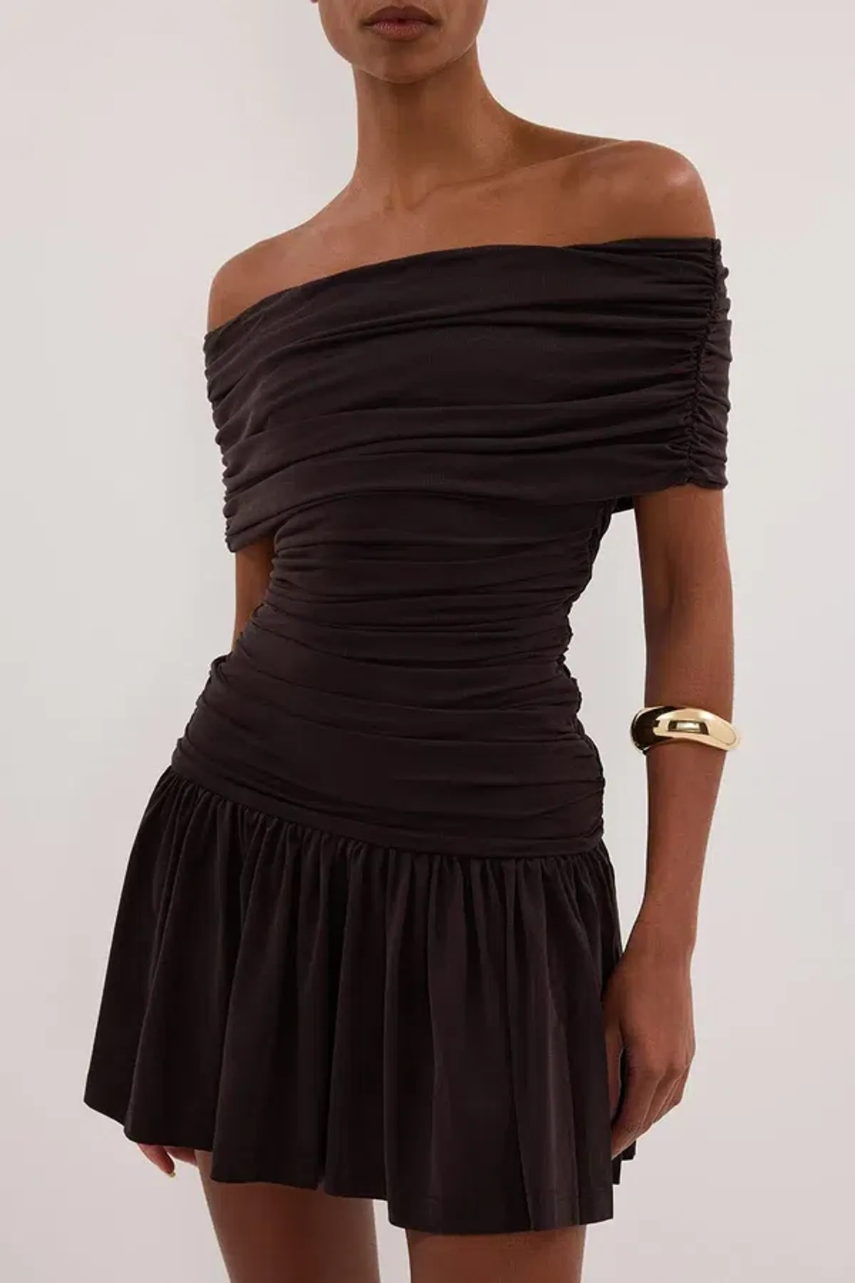 Dishh, burnt choc off shoulder mini dress for rent on The Volte - main image