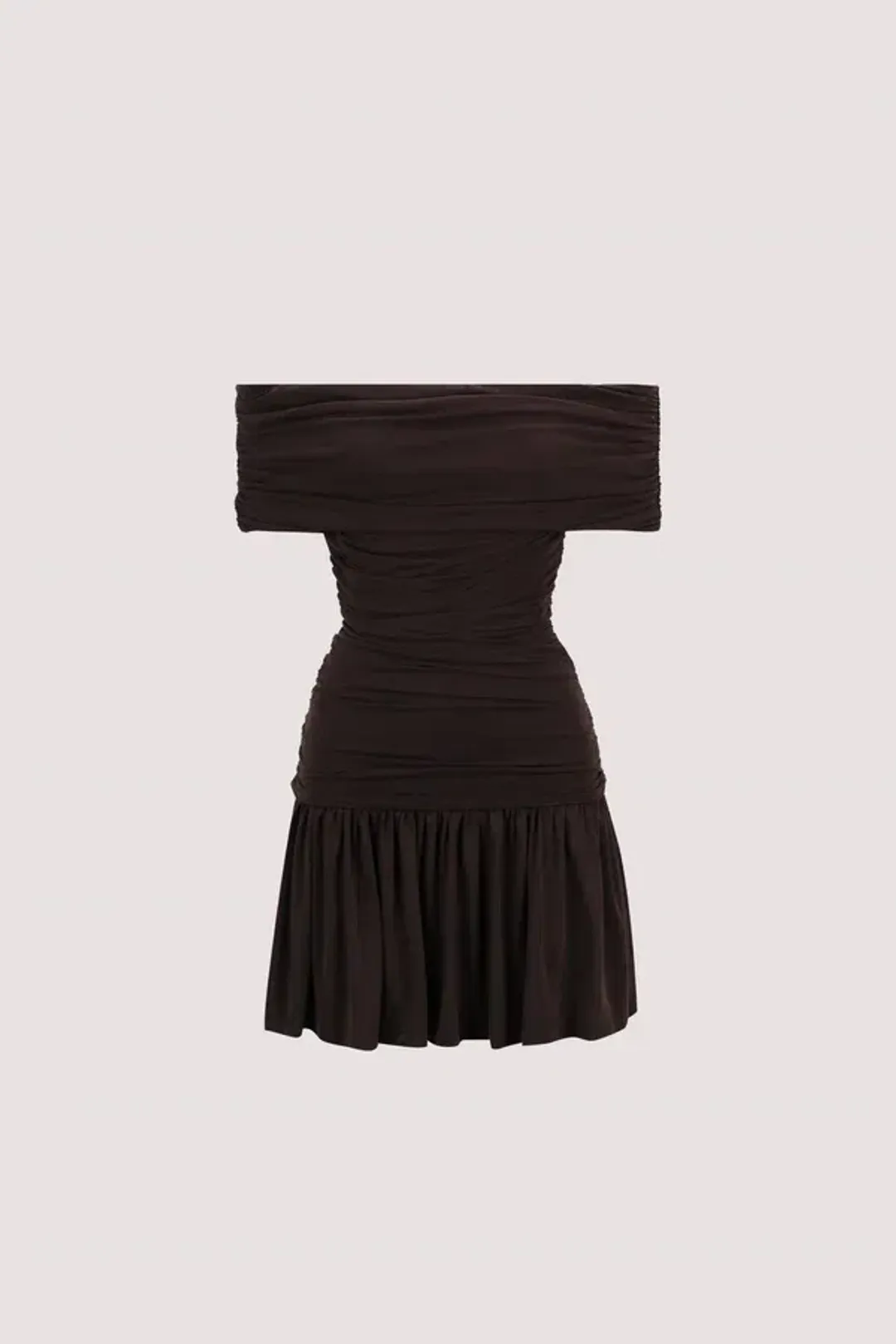 Dishh, burnt choc off shoulder mini dress for rent on The Volte - main image